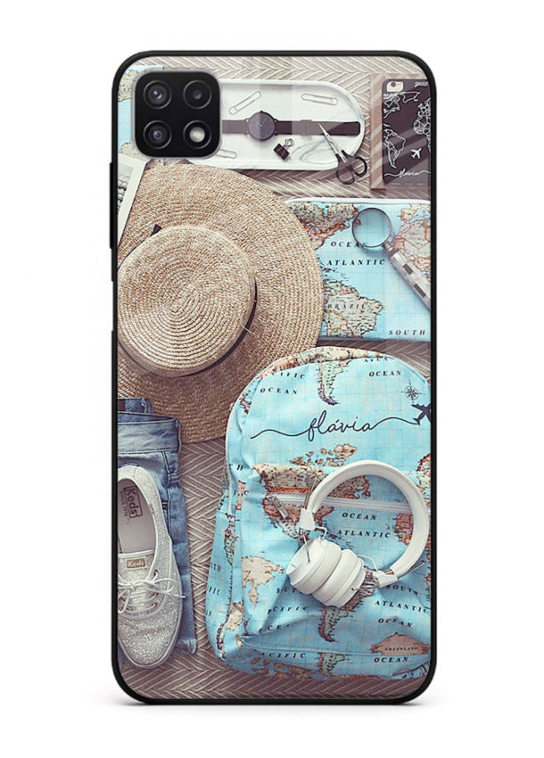 Travel Essentials Flatlay overhead artwork Samsung A22 5G glass back cover