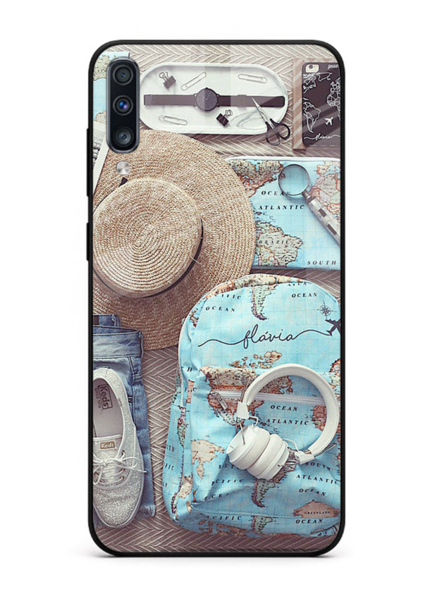 Travel Essentials Flatlay overhead artwork Samsung A70 glass back cover