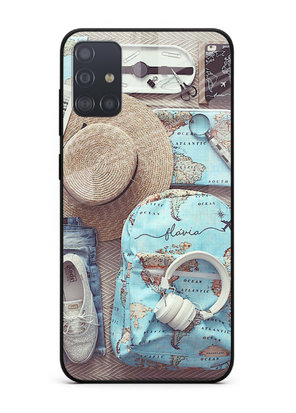 Travel Essentials Flatlay overhead artwork Samsung A71 glass back cover
