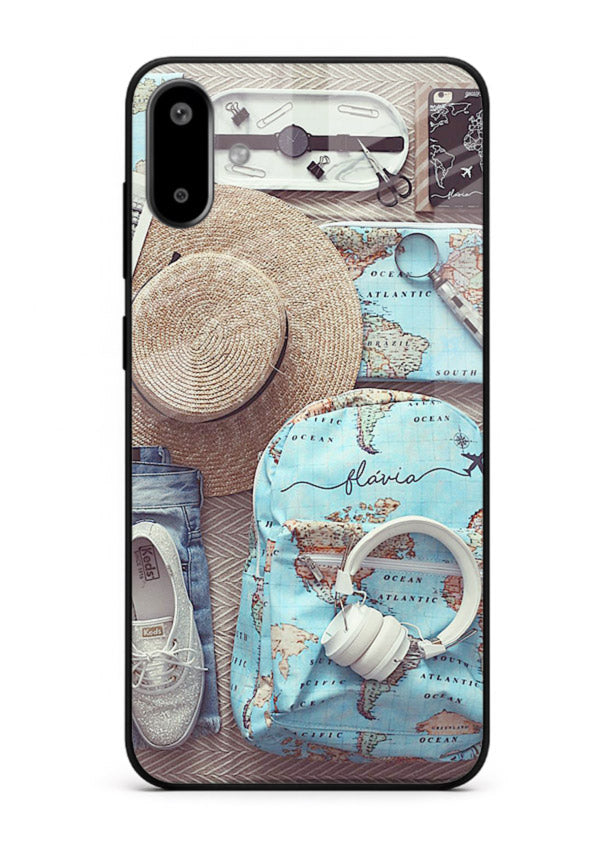 Travel Essentials Flatlay overhead artwork Samsung F06 5G glass back cover