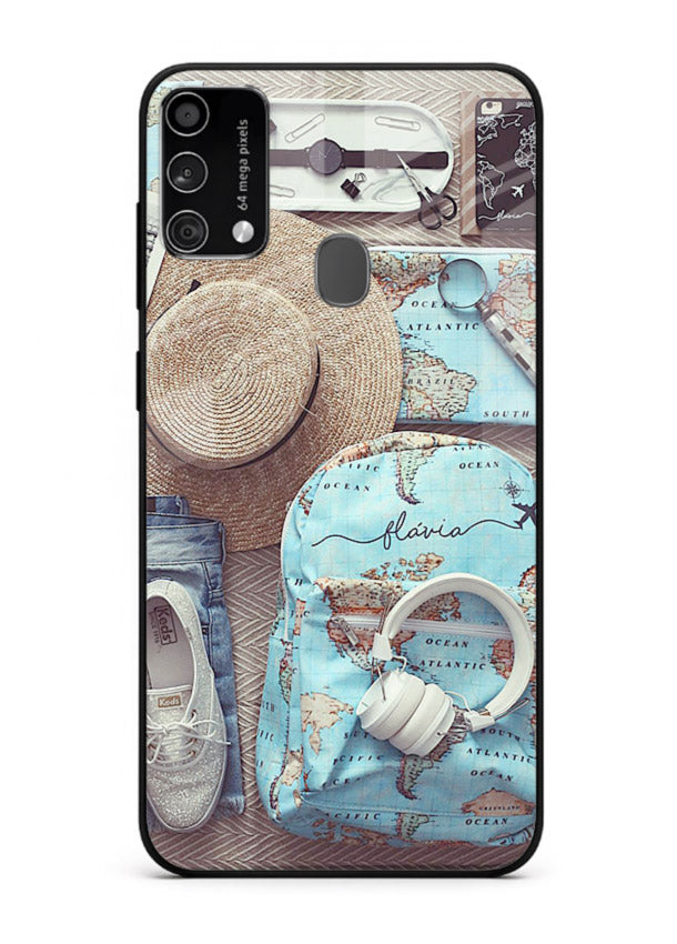Travel Essentials Flatlay overhead artwork Samsung F41 glass back cover
