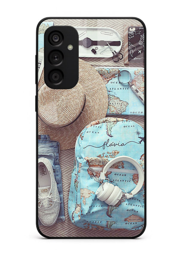 Travel Essentials Flatlay overhead artwork Samsung M13 4G glass back cover