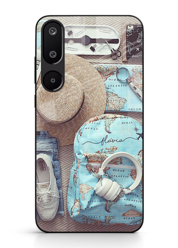Travel Essentials Flatlay overhead artwork Samsung F16 5G glass back cover