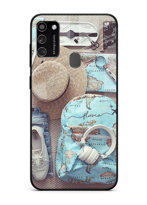 Travel Essentials Flatlay overhead artwork Samsung M21 glass back cover