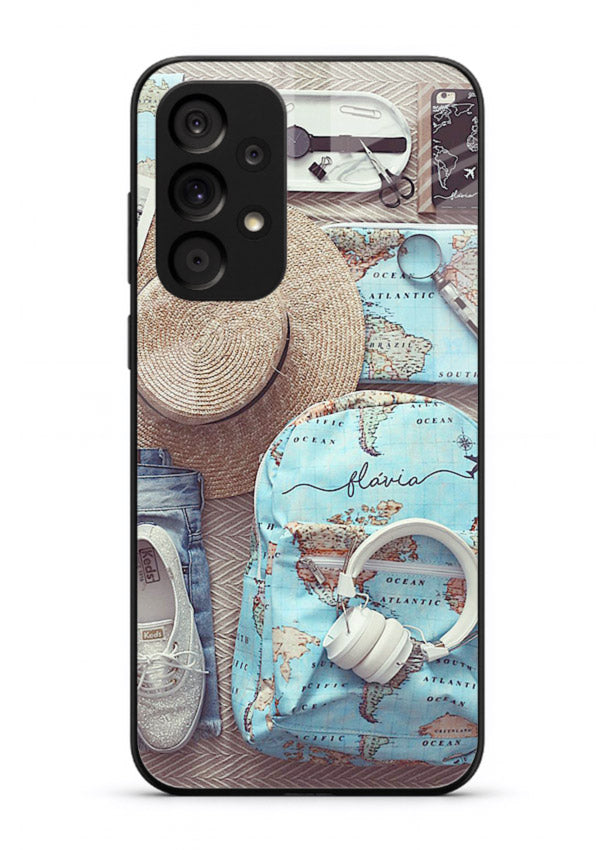 Travel Essentials Flatlay overhead artwork Samsung M32 5G glass back cover