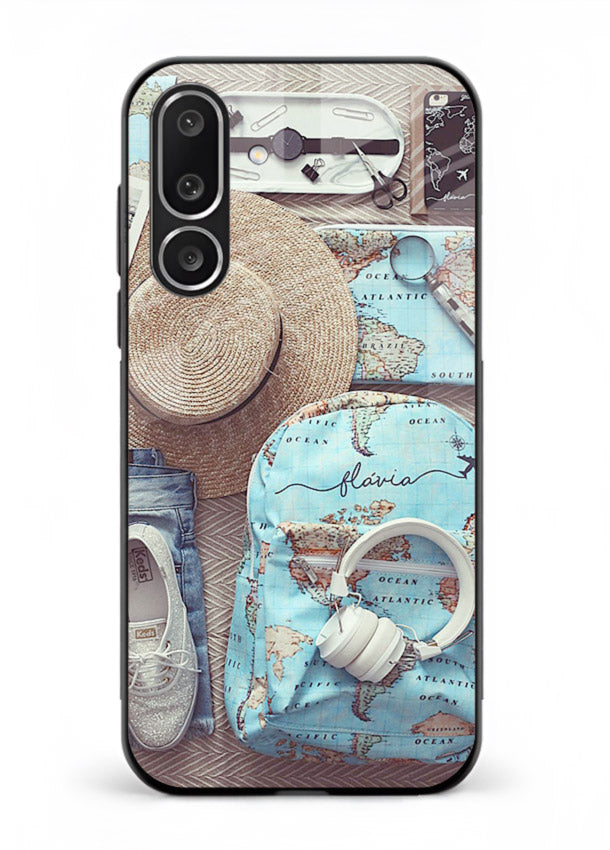 Travel Essentials Flatlay overhead artwork Samsung M36 5G glass back cover