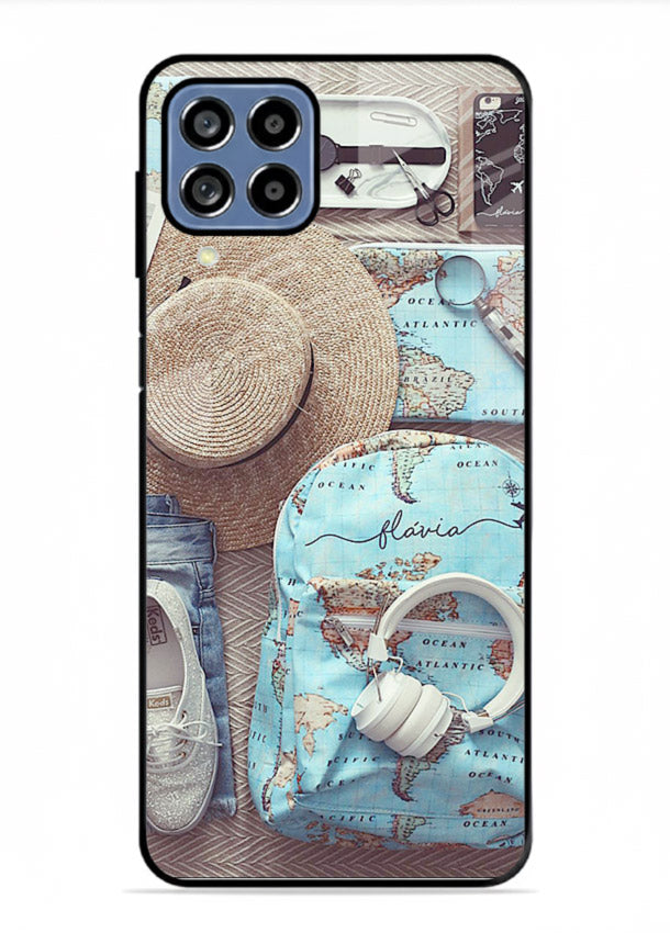 Travel Essentials Flatlay overhead artwork Samsung F62 glass back cover