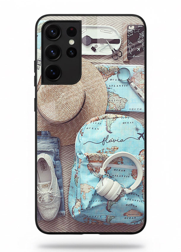 Travel Essentials Flatlay overhead artwork Samsung S21 Ultra glass back cover