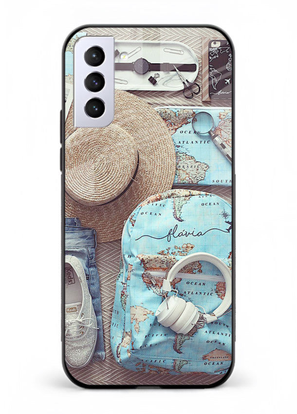 Travel Essentials Flatlay overhead artwork Samsung S21 FE glass back cover