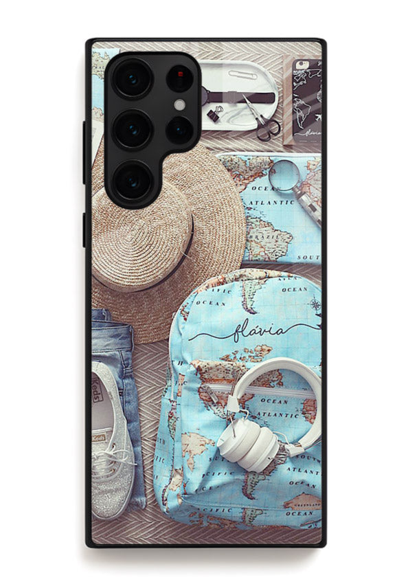 Travel Essentials Flatlay overhead artwork Samsung S24 Ultra glass back cover