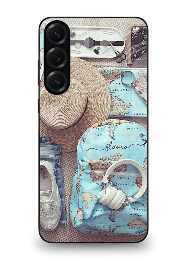 Travel Essentials Flatlay overhead artwork Samsung A36 5G glass back cover