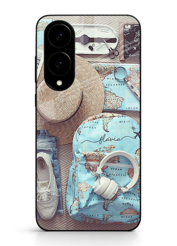 Travel Essentials Flatlay overhead artwork Samsung S25 Edge glass back cover
