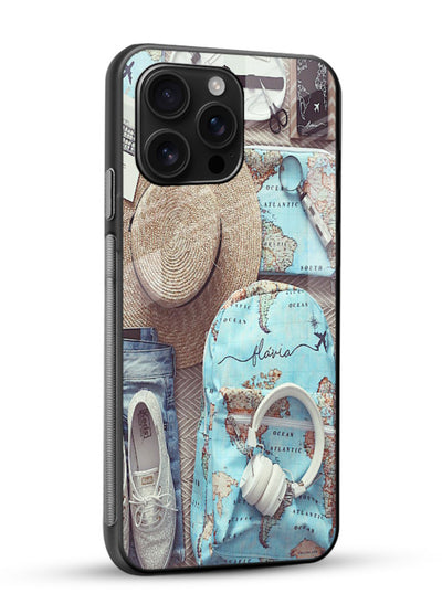 Travel Essentials Flatlay overhead artwork glossy vibrant premium glass back cover - Angle Side