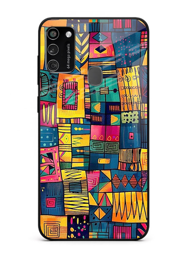 Tribal Patchwork Colors vibrant geometric pattern Samsung M30s glass back cover