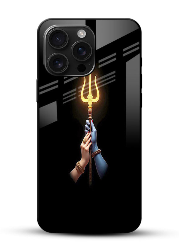 Trishul glowing divine aura art glossy vibrant premium bold spiritual glass cover - Angle Front
