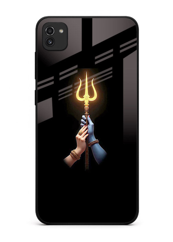 Trishul glowing divine aura art Samsung A03 bold spiritual glass cover
