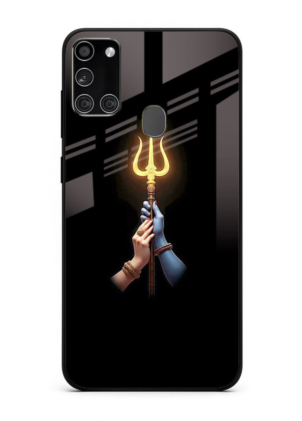 Trishul glowing divine aura art Samsung A21s bold spiritual glass cover