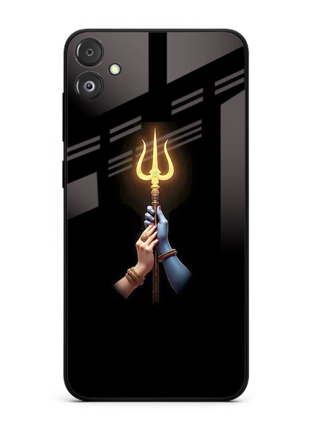Trishul glowing divine aura art Samsung F04 5G bold spiritual glass cover