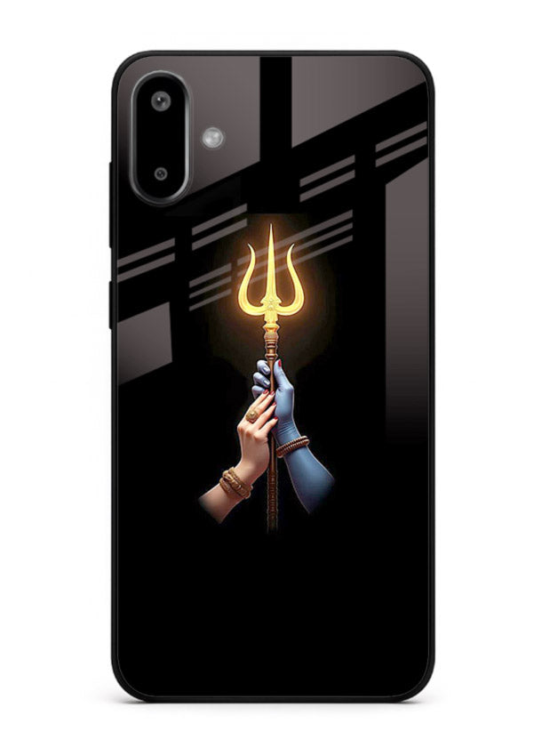 Trishul glowing divine aura art Samsung F06 5G bold spiritual glass cover
