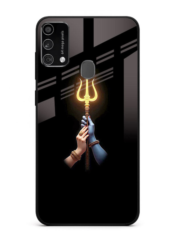 Trishul glowing divine aura art Samsung F41 bold spiritual glass cover