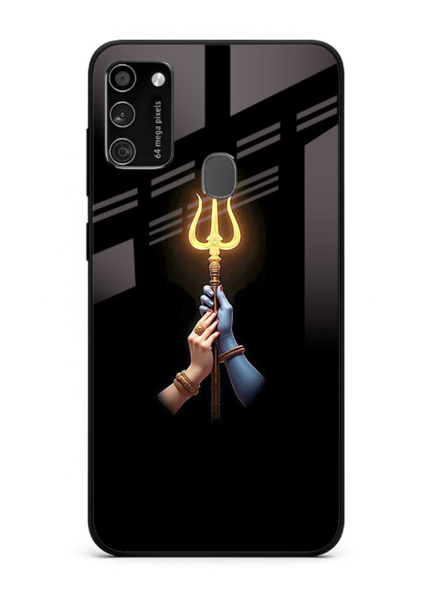 Trishul glowing divine aura art Samsung M21 bold spiritual glass cover