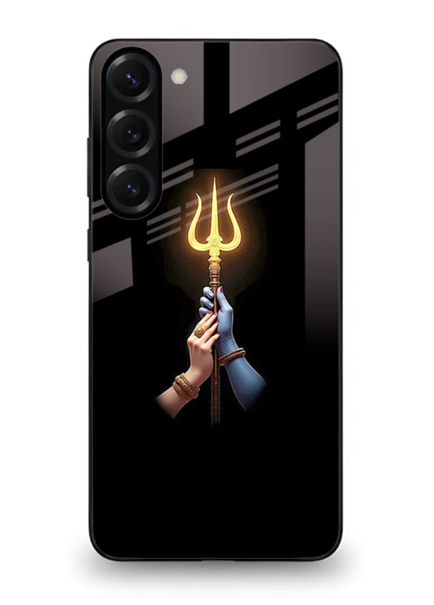 Trishul glowing divine aura art Samsung S23 Plus bold spiritual glass cover