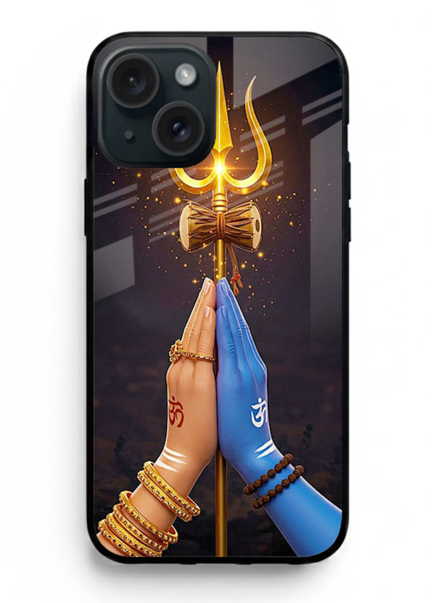 Divine trishul hand holding art iphone 14 plus glass warrior spiritual case
