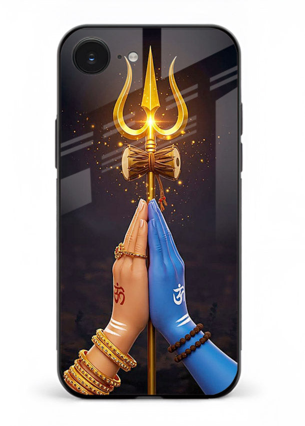 Divine trishul hand holding art iphone 16e glass warrior spiritual case