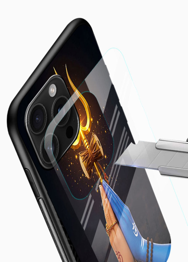 Divine trishul hand holding art glossy vibrant premium glass warrior spiritual case - Angle Blade