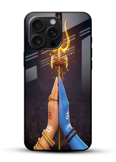 Divine trishul hand holding art glossy vibrant premium glass warrior spiritual case - Angle Front