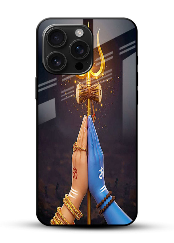 Divine trishul hand holding art glossy vibrant premium glass warrior spiritual case - Angle Front