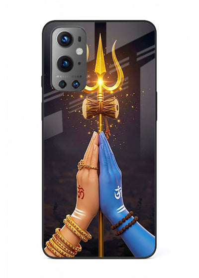 Divine trishul hand holding art OnePlus 9 glass warrior spiritual case