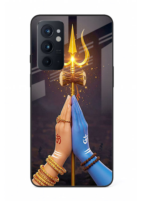Divine trishul hand holding art OnePlus 9RT glass warrior spiritual case