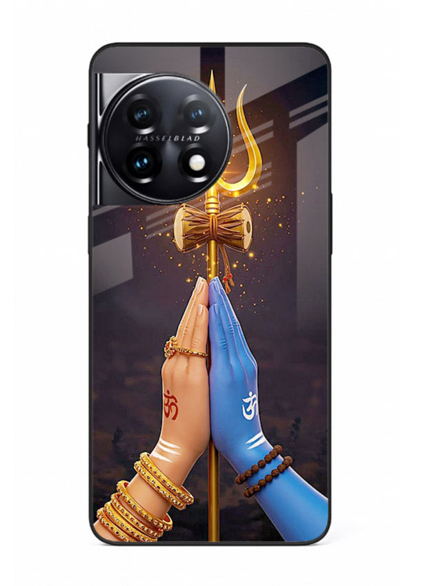 Divine trishul hand holding art OnePlus 11R glass warrior spiritual case