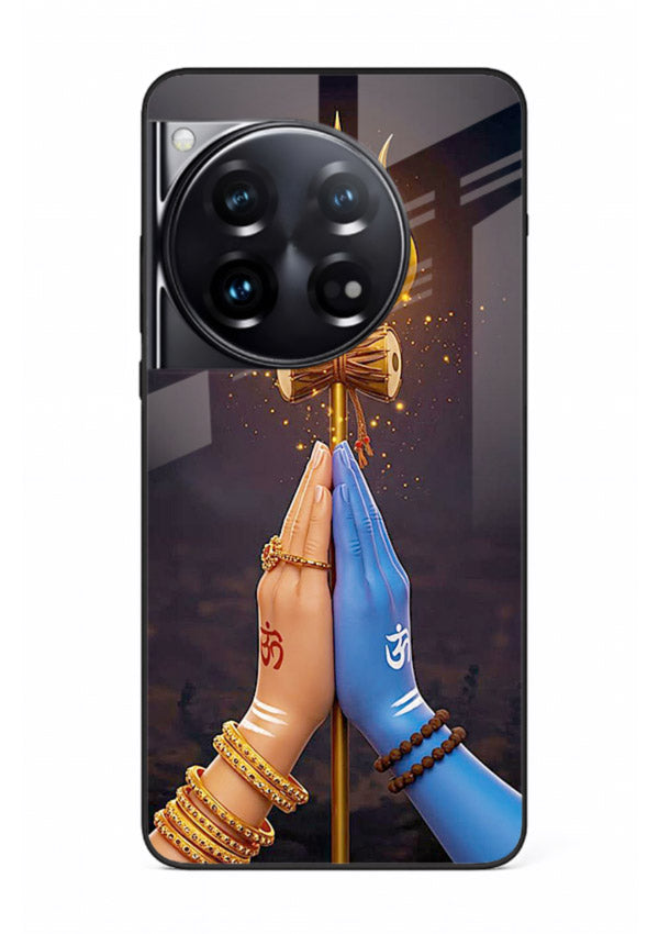 Divine trishul hand holding art OnePlus 12 glass warrior spiritual case