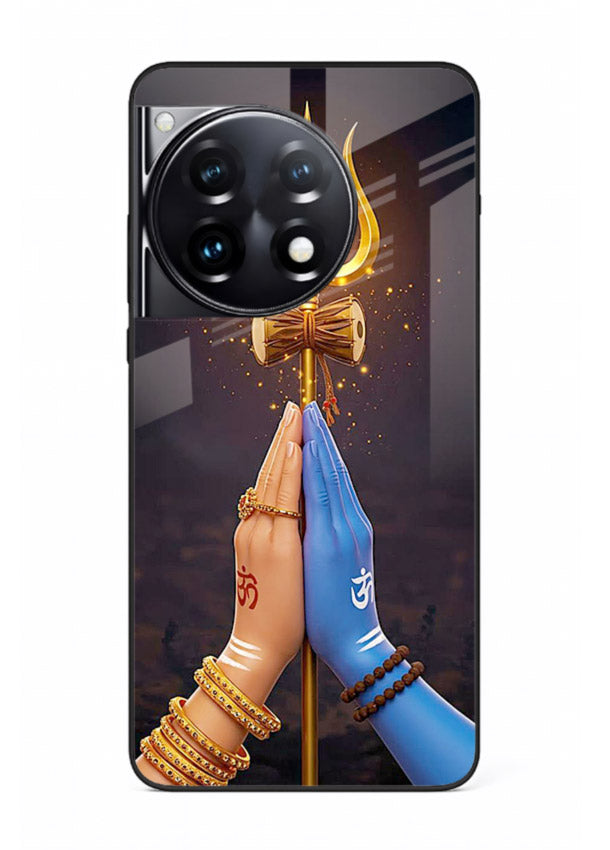Divine trishul hand holding art OnePlus 12R glass warrior spiritual case