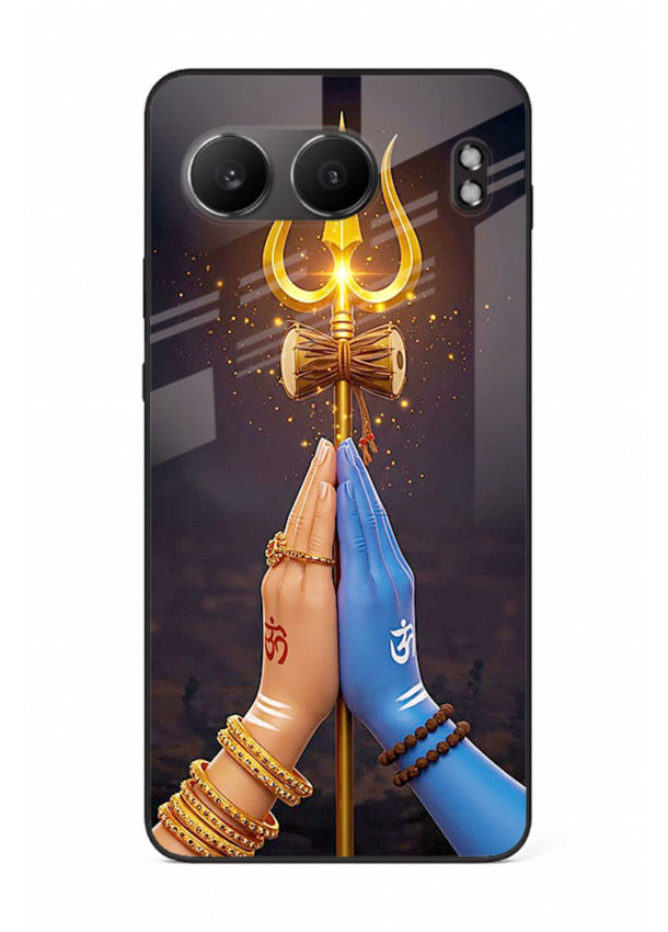 Divine trishul hand holding art OnePlus Nord 4 glass warrior spiritual case