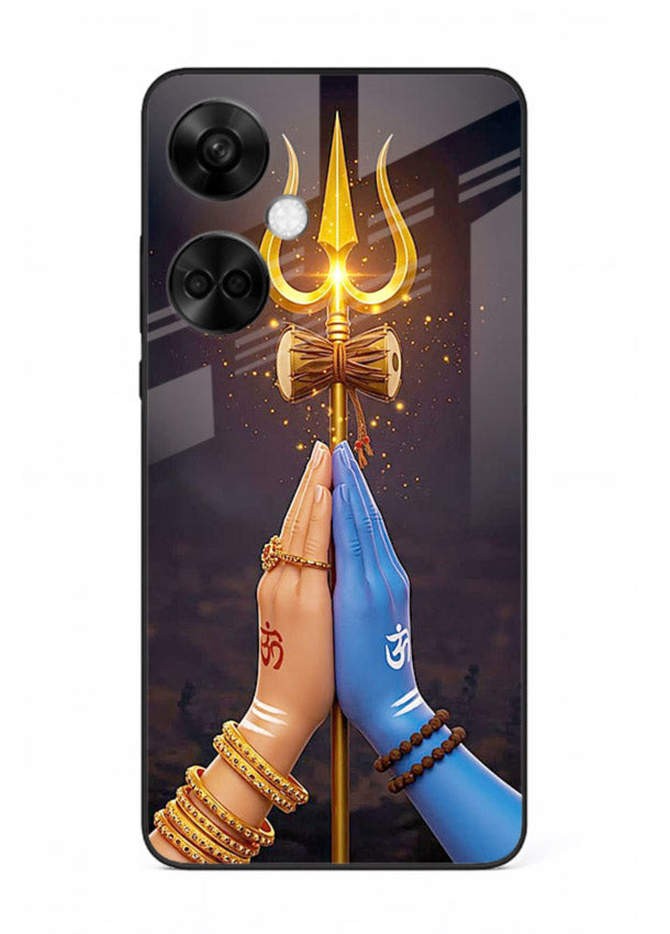 Divine trishul hand holding art OnePlus Nord CE3 glass warrior spiritual case