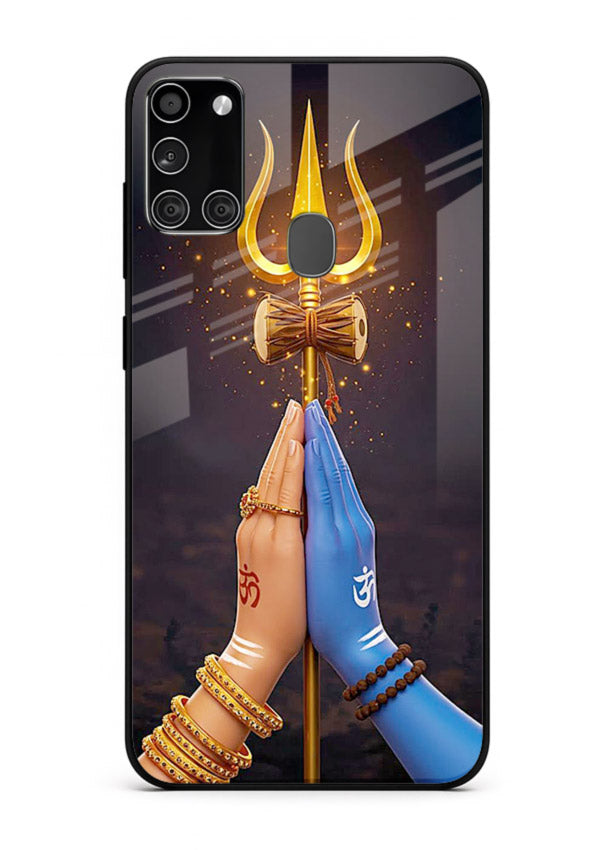 Divine trishul hand holding art Samsung A21s glass warrior spiritual case