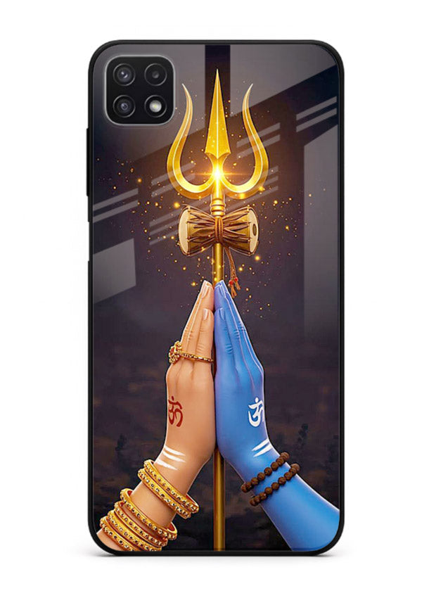 Divine trishul hand holding art Samsung F42 5G glass warrior spiritual case