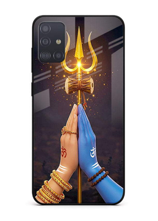 Divine trishul hand holding art Samsung A51 glass warrior spiritual case