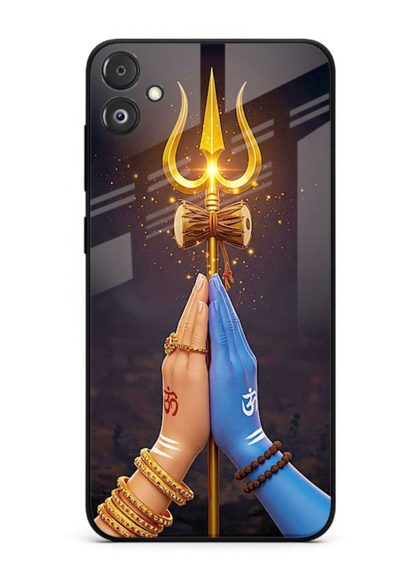 Divine trishul hand holding art Samsung F04 5G glass warrior spiritual case