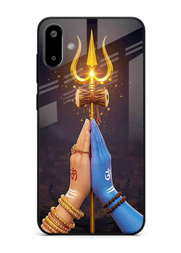 Divine trishul hand holding art Samsung F06 5G glass warrior spiritual case