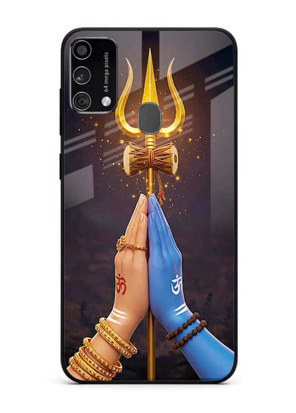 Divine trishul hand holding art Samsung F41 glass warrior spiritual case