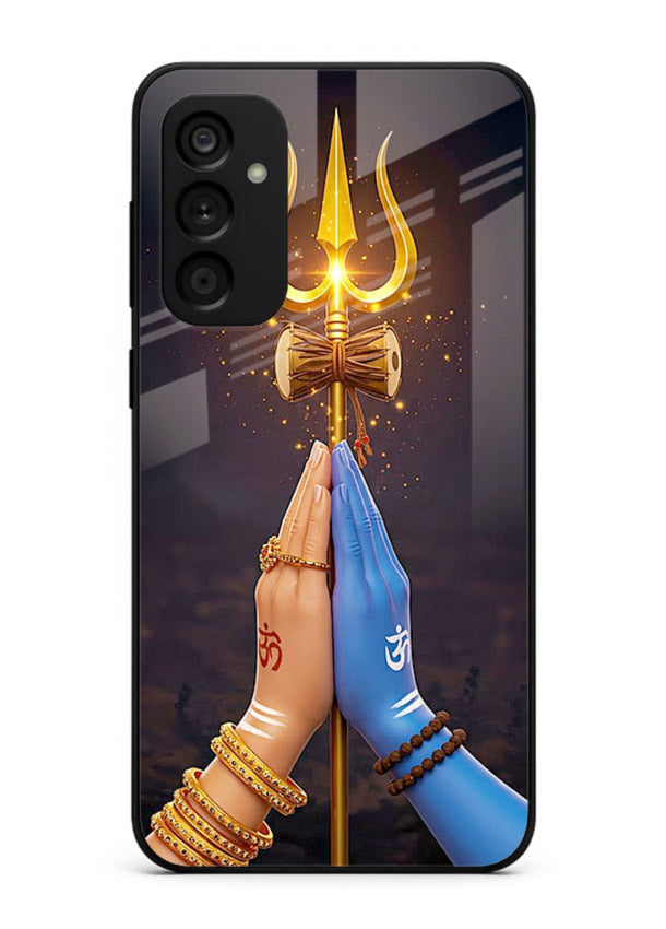 Divine trishul hand holding art Samsung F23 5G glass warrior spiritual case