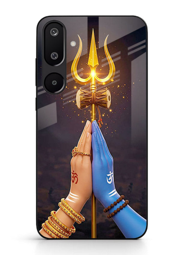 Divine trishul hand holding art Samsung M16 5G glass warrior spiritual case