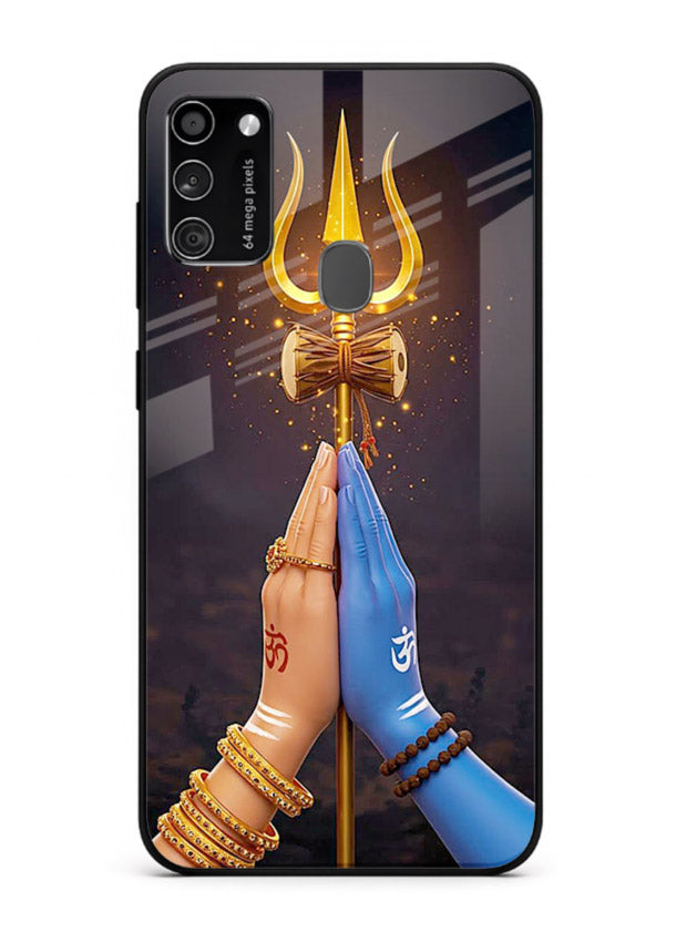 Divine trishul hand holding art Samsung M21 glass warrior spiritual case