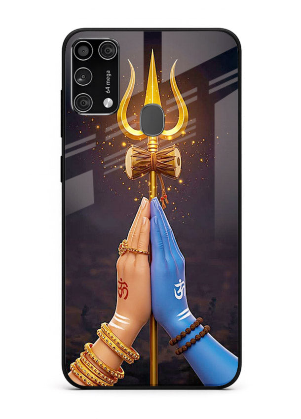 Divine trishul hand holding art Samsung M31 glass warrior spiritual case