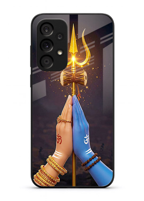 Divine trishul hand holding art Samsung M32 5G glass warrior spiritual case