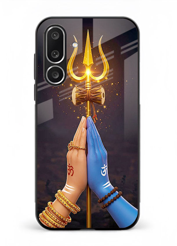 Divine trishul hand holding art Samsung M56 5G glass warrior spiritual case